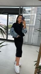 Dr 2485 Kolu denimli siyah sweat