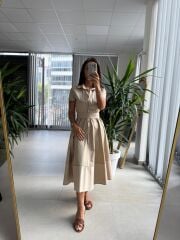 Ms 2091 Bej Poplin Kuşaklı Gömlek Elbise