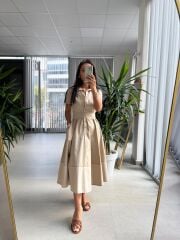 Ms 2091 Bej Poplin Kuşaklı Gömlek Elbise