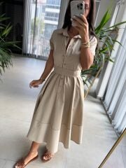 Ms 2091 Bej Poplin Kuşaklı Gömlek Elbise