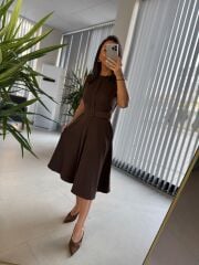 My 3715 Kahve Kemerli Midi Elbise