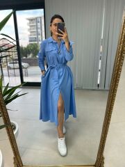 BLAUES gestreiftes Hemdkleid mit Gürtel