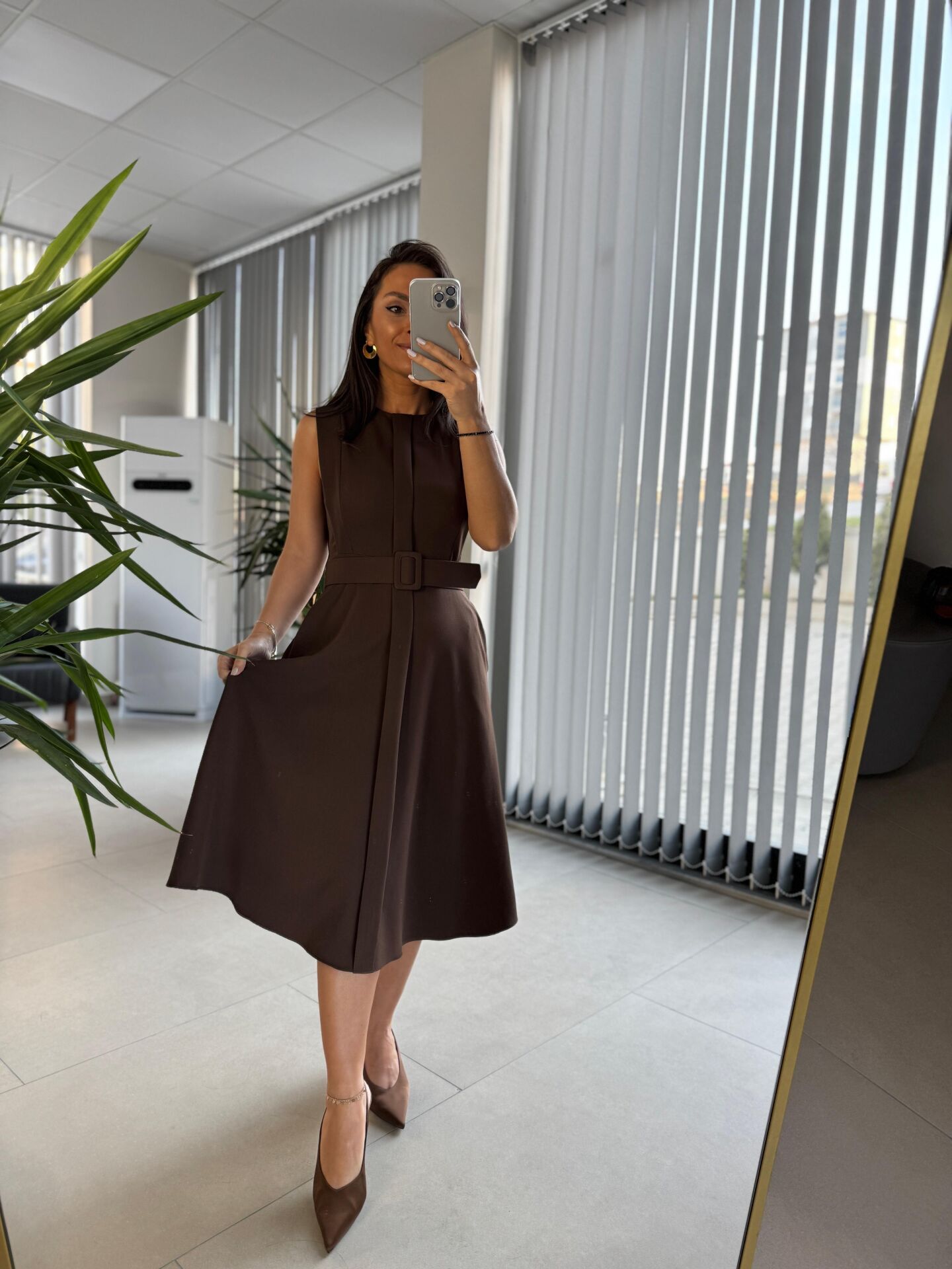 My 3715 Kahve Kemerli Midi Elbise