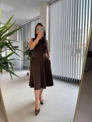 My 3715 Kahve Kemerli Midi Elbise