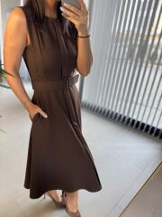 My 3715 Kahve Kemerli Midi Elbise