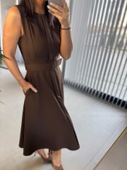 My 3715 Kahve Kemerli Midi Elbise