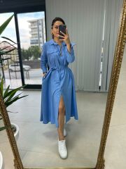 BLAUES gestreiftes Hemdkleid mit Gürtel