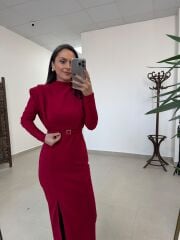 My 3587 Gold Kare Tokalı Bordo Kalem Elbise