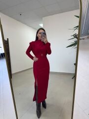 My 3587 Gold Kare Tokalı Bordo Kalem Elbise
