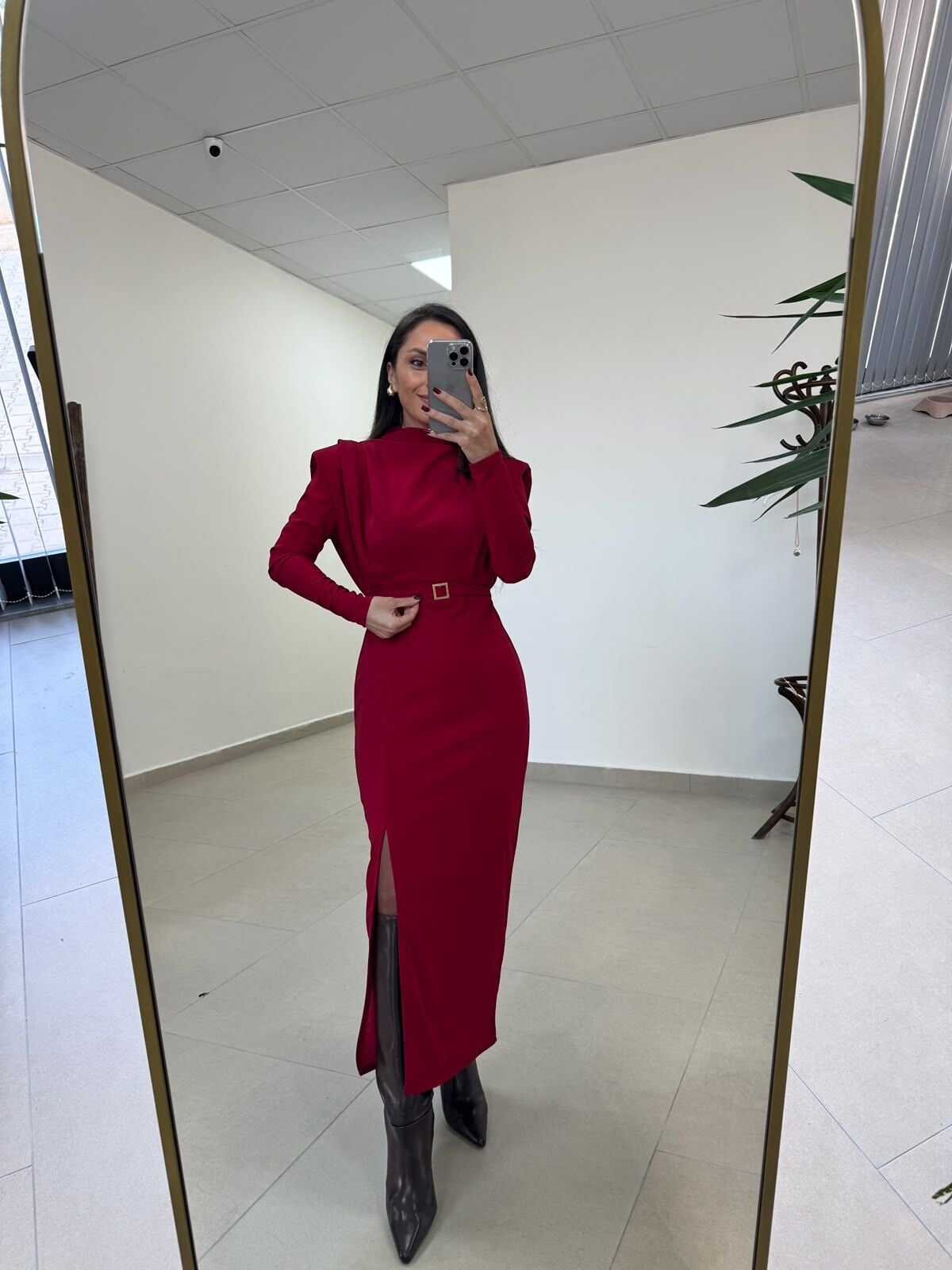 My 3587 Gold Kare Tokalı Bordo Kalem Elbise