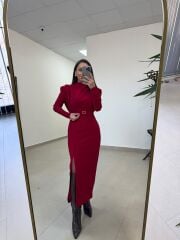 My 3587 Gold Kare Tokalı Bordo Kalem Elbise