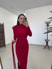 My 3587 Gold Kare Tokalı Bordo Kalem Elbise