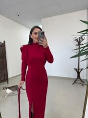 My 3587 Gold Kare Tokalı Bordo Kalem Elbise