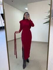My 3587 Gold Kare Tokalı Bordo Kalem Elbise