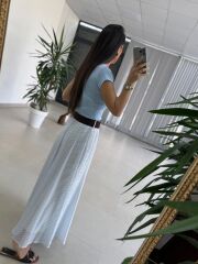 Fp 3379 Mavi Çizgili Piliseli Kemerli Maxi Etek