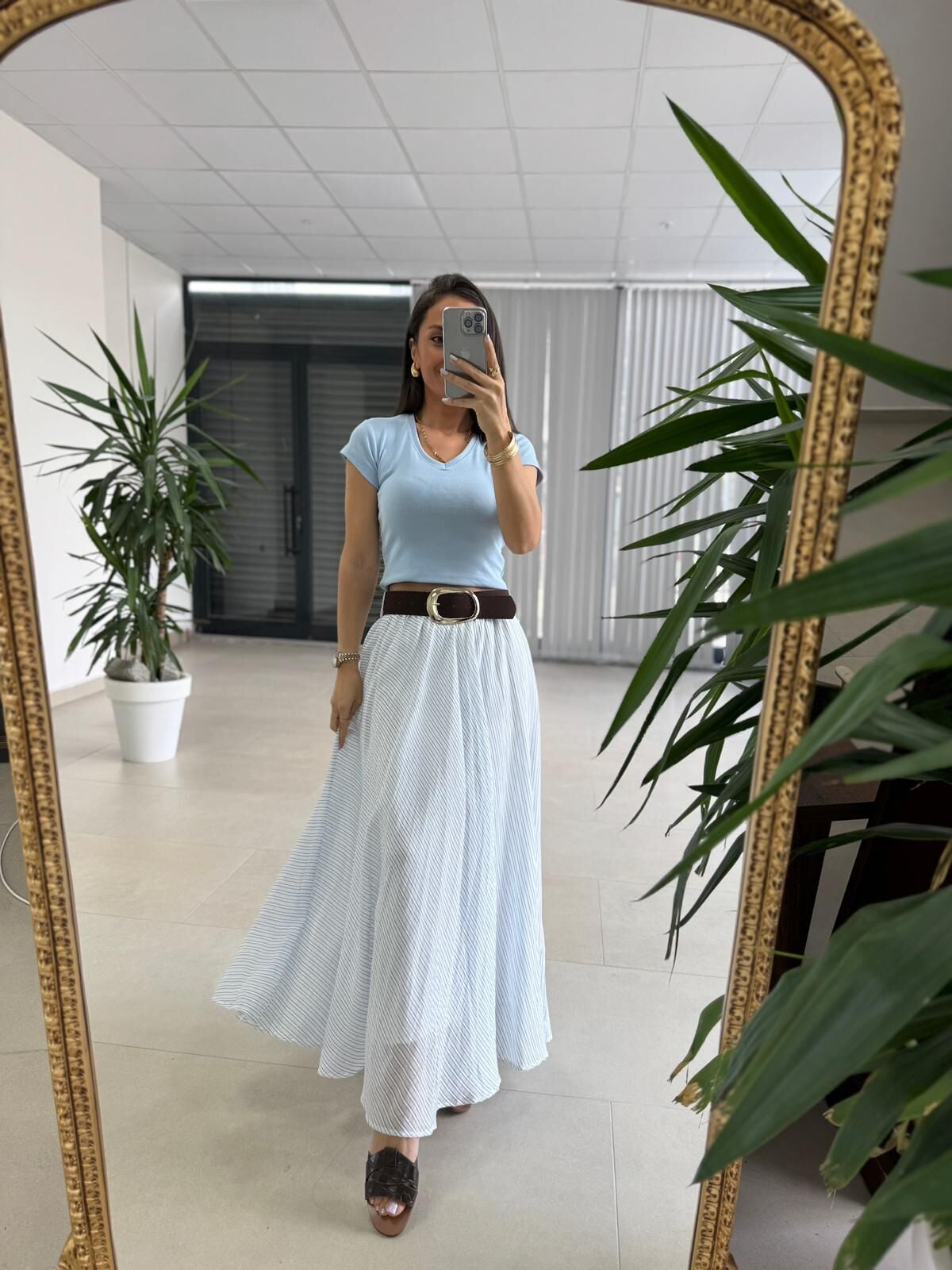 Fp 3379 Mavi Çizgili Piliseli Kemerli Maxi Etek