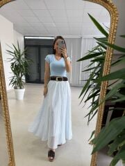 Fp 3379 Mavi Çizgili Piliseli Kemerli Maxi Etek