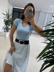 Fp 3379 Mavi Çizgili Piliseli Kemerli Maxi Etek