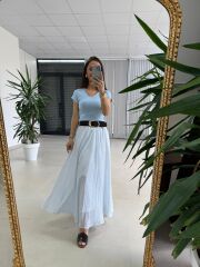 Fp 3379 Mavi Çizgili Piliseli Kemerli Maxi Etek