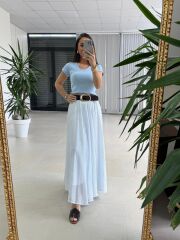 Fp 3379 Mavi Çizgili Piliseli Kemerli Maxi Etek
