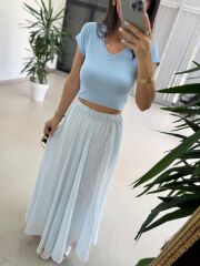 Fp 3379 Mavi Çizgili Piliseli Kemerli Maxi Etek