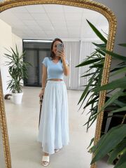 Fp 3379 Mavi Çizgili Piliseli Kemerli Maxi Etek