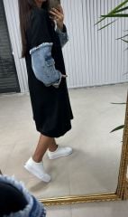 Dr 2494 Kol Mavi Denim Detaylı Sweat Elbise