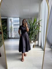 Ms 2091 Laci Poplin Kuşaklı Gömlek Elbise