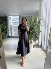Ms 2091 Laci Poplin Kuşaklı Gömlek Elbise