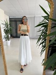 Fp 3379 Gri Çizgili Piliseli Kemerli Maxi Etek