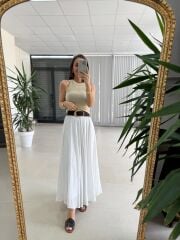 Fp 3379 Gri Çizgili Piliseli Kemerli Maxi Etek