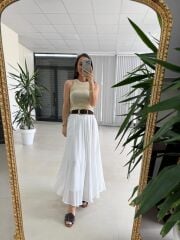 Fp 3379 Gri Çizgili Piliseli Kemerli Maxi Etek