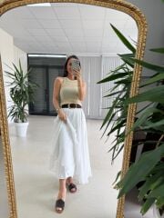 Fp 3379 Gri Çizgili Piliseli Kemerli Maxi Etek
