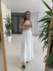 Fp 3379 Gri Çizgili Piliseli Kemerli Maxi Etek