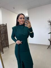 My 3587 Gold Kare Tokalı Zümrüt Yeşili Kalem Elbise