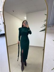 My 3587 Gold Kare Tokalı Zümrüt Yeşili Kalem Elbise