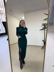 My 3587 Gold Kare Tokalı Zümrüt Yeşili Kalem Elbise