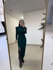 My 3587 Gold Kare Tokalı Zümrüt Yeşili Kalem Elbise