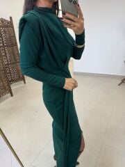 My 3587 Gold Kare Tokalı Zümrüt Yeşili Kalem Elbise