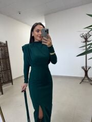 My 3587 Gold Kare Tokalı Zümrüt Yeşili Kalem Elbise