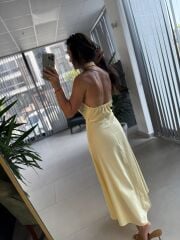 Fw 8078 Sırt Dekolteli Sarı Keten Elbise