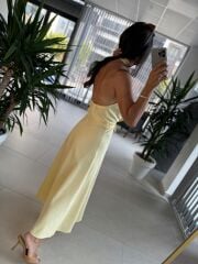 Fw 8078 Sırt Dekolteli Sarı Keten Elbise