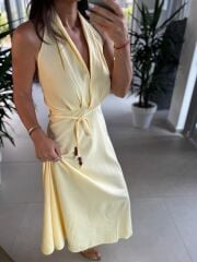 Fw 8078 Sırt Dekolteli Sarı Keten Elbise