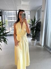 Fw 8078 Sırt Dekolteli Sarı Keten Elbise