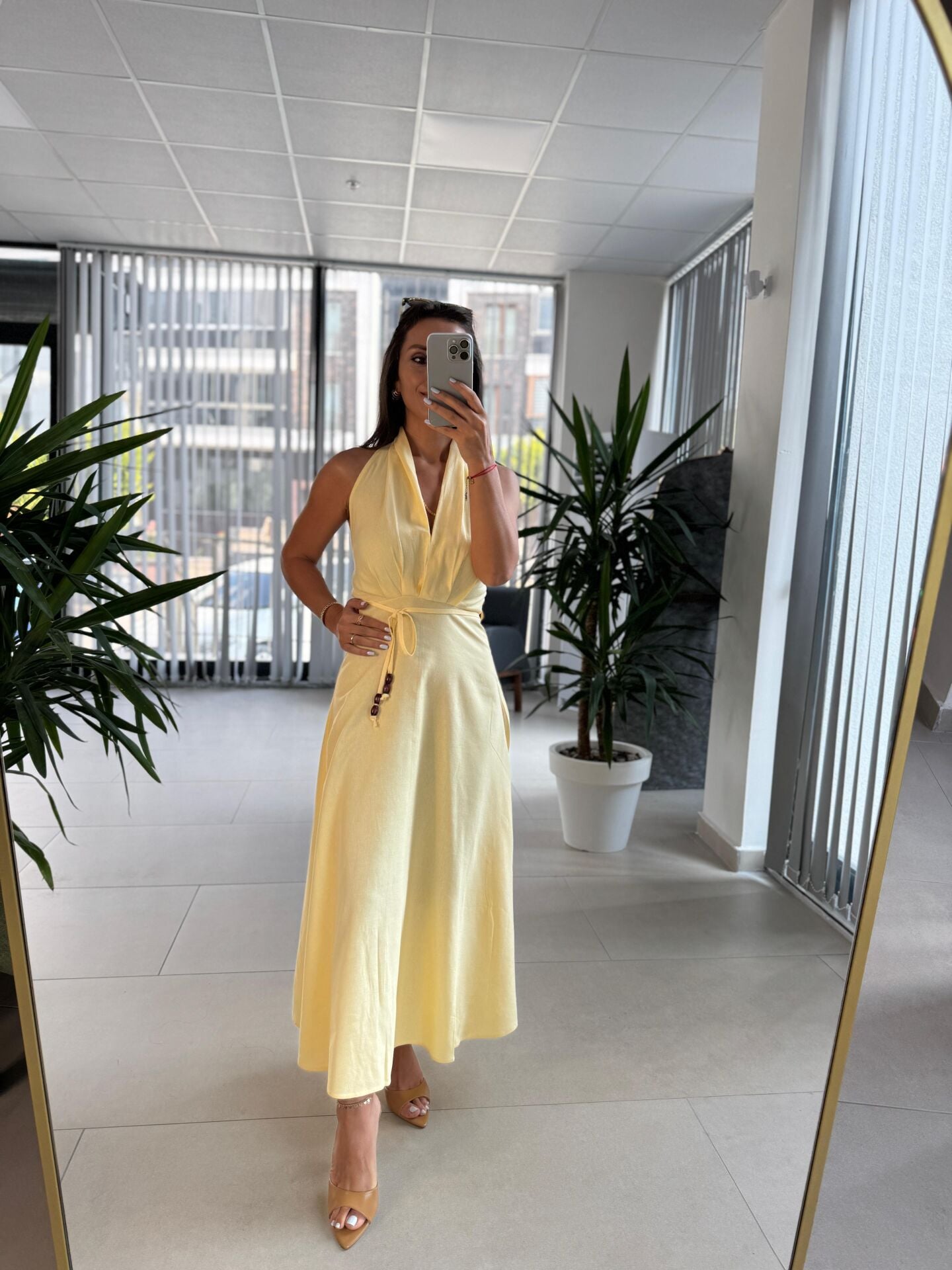 Fw 8078 Sırt Dekolteli Sarı Keten Elbise