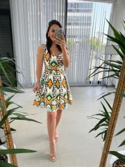 Mc 5874 Sarı Renk Geçişli Kalp Yaka Elbise