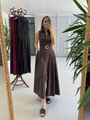 My 3922 Gold Tokalı Düğmeli Kahve Elbise