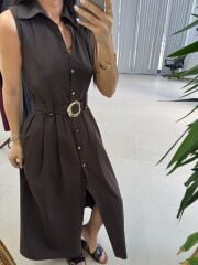 My 3922 Gold Tokalı Düğmeli Kahve Elbise