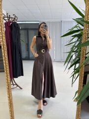My 3922 Gold Tokalı Düğmeli Kahve Elbise