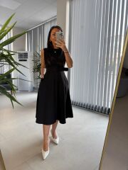 My 3715 Siyah Kemerli Midi Elbise